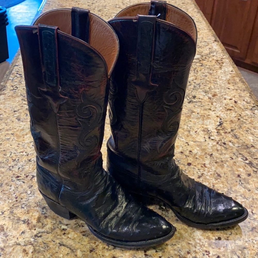 Lucchese Full Quill Ostrich and  Cowhide Leather Boots - Black Cherry, Size 7